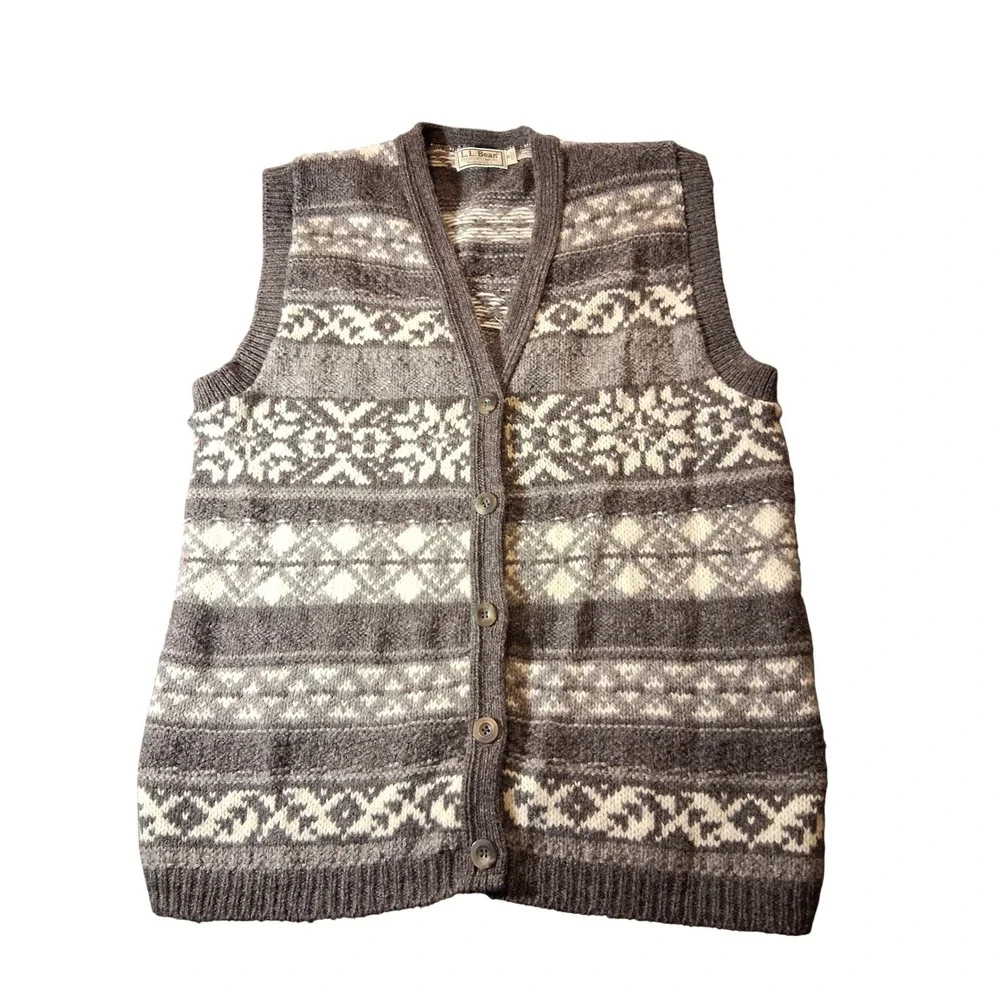 LL Bean Vintage Mens Brown Fair Isle 100% Wool Button Front Sweater Vest USA M